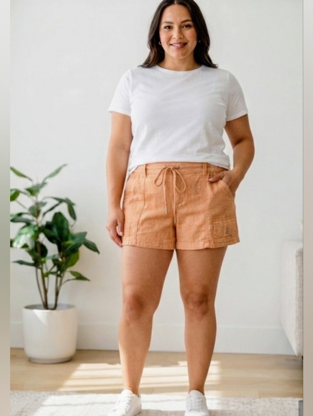 NWT Happily Grey Baggy Utility Linen Blend Shorts Orange Coral Size L